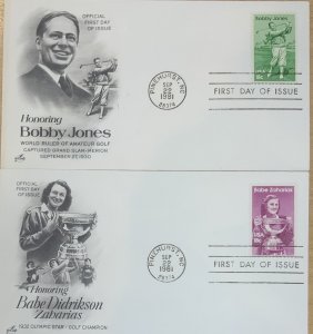 USA FDC 1981 GOLF HEROES. JONES AND ZAHARIAS SPECIAL HANDSTAMPS