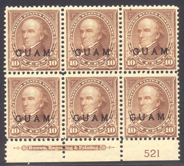 GUAM #8 RARE Plate Block - 1899 10c Brown