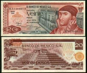 MEXICO BANKNOTE $20 Pesos 1977 Serie DH, Crisp, uncirculated.