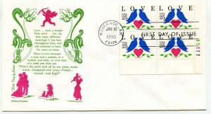 2440 Love 1990, lovebirds,  Aristocrat Cachets, plate block, FDC