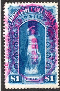 BCL4, $1, blue, used, British Columbia Law Revenue Stamp, 1st issue