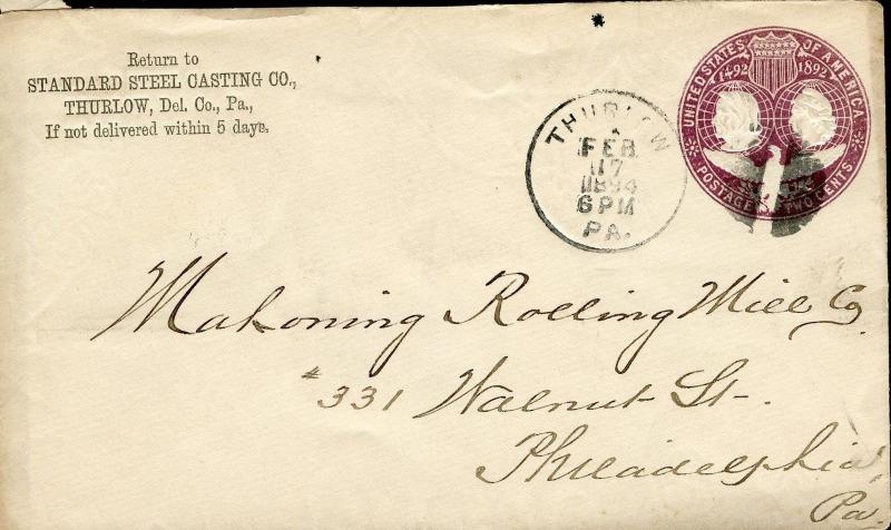 US THURLOW, PA 2/14/1894 COLUMBIAN STATIONERY COVER TO PHILADELPHIA, PA AS SHOWN