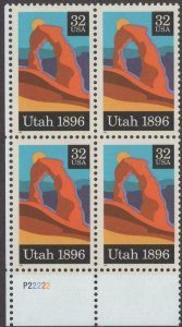 1996 Utah Statehood Centenary Plate Block of 4 32c Stamps, Sc# 3024, MNH, OG