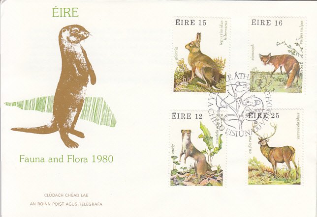 Ireland 1980 FDC Sc #480-#483 Animals - Irish ermine, Irish hare, Fox, Red deer