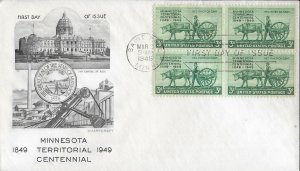1949 FDC, #981, 3c Minnesota Territorial Centennial, Smartcraft, block of 4