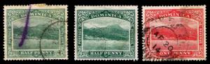 1907-09 DOMINICA #35 & 50-51 ROSEAU - WMK 3 - USED - VF - CV$13.25 (ESP#2563)
