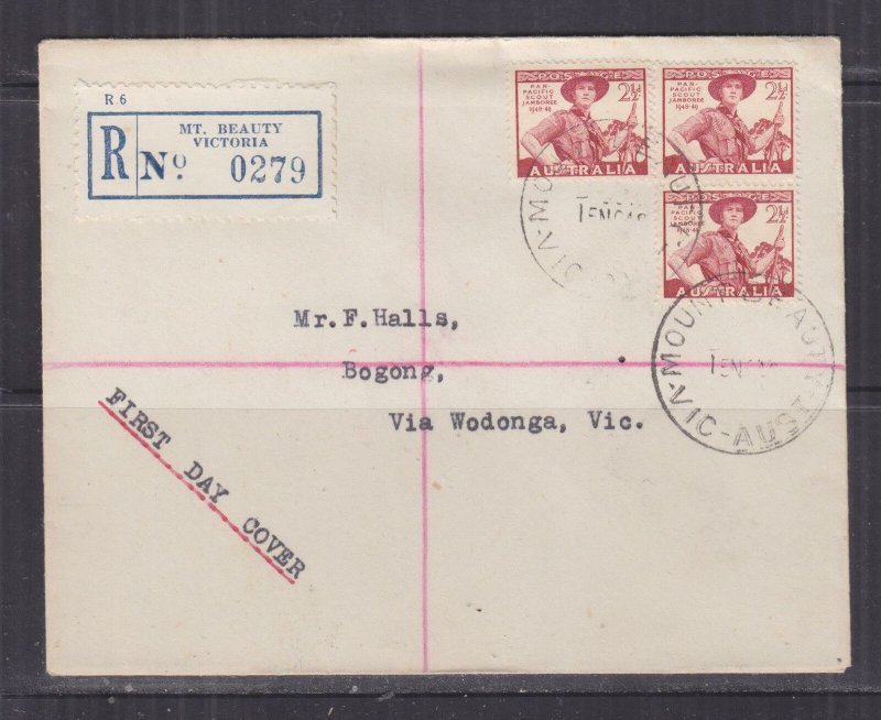 AUSTRALIA, 1948 Scout Jamboree 2 1/2d. (3) Registered fdc. Mt. BEAUTY to Bogong.