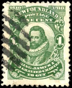 Newfoundland 87a VF/Used - 1910 1c King James deep green  perf 12 - Hinge Thin