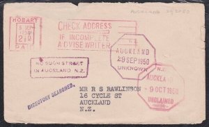 NEW ZEALAND 1950 cover ex Tasmania - NO SUCH STREET IN AUCKLAND etc........A6956