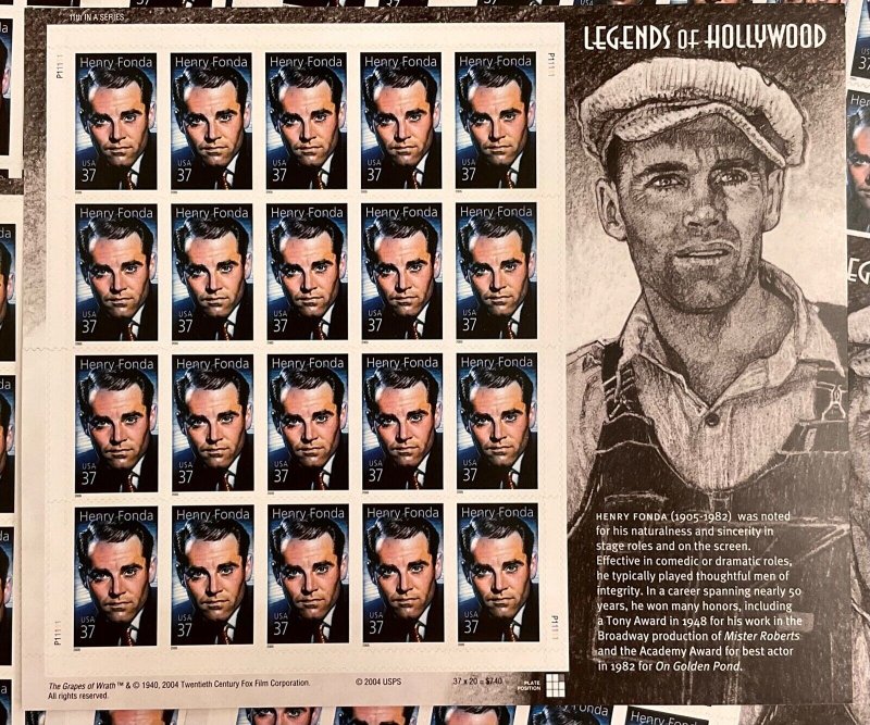 3911 Henry Fonda  Legend of Hollywood Lot of 10 MNH 37 c Sheets of 20 FV $74