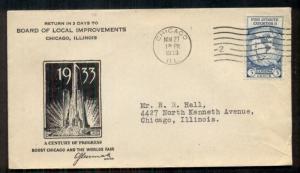 1933 CENTURY OF PROGRESS cachet, Chicago World's Fair, 3¢ Byrd tied Chicago ILL