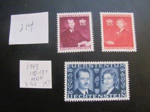 LIECHTENSTEIN 1943 MNH  SC 185-187 SET  XF   (214) NEW COLL.