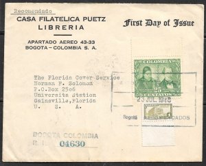 COLOMBIA 1948 25c Mutis & Triana Issue Sc 567 on FDC w Postal Tax RA33, RA39