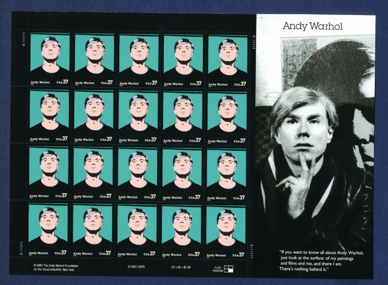 USA  Scott 3652 - VF MNH Sheet of 20 x 37ct - Andy Warhol - 2002