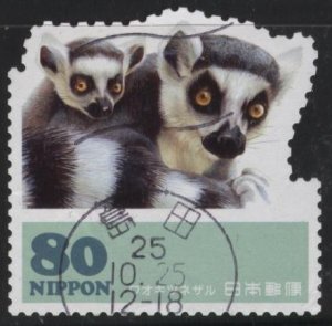 Japan 3596c (used) 80y baby ring-tailed lemurs (2014)