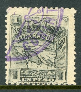 Nicaragua 1897 Seebeck 1 Peso Map Scott #96 VFU Z411 ⭐