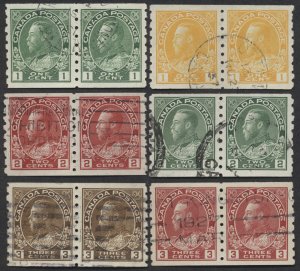 Canada #125-130 VF Used Set of 6 Admiral Coil Pairs Perf 8 Vertical