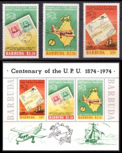 BARBUDA - 1974 CENTENARY OF THE UPU SET OF 3V & MIN/SHT MNH