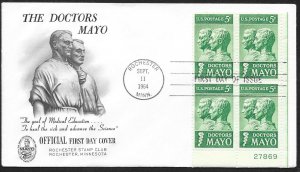 UNITED STATES FDC 5¢ Doctors Mayo PLATE BLOCK 1964 Rochester Stamp