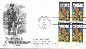 1984 FDC, #2102, 20c Take a Bite Out of Crime, Art Craft, plate block of 4