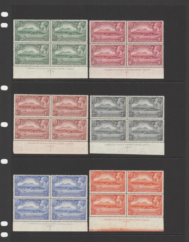 MONTSERRAT 1932 Anniversary set ½d to 5/- imprint blocks. MNH **. Very rare. 