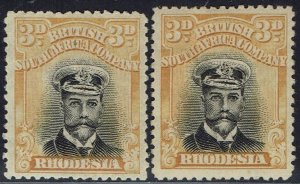 RHODESIA 1913 KGV ADMIRAL 3D 2 SHADES DIE III PERF 14