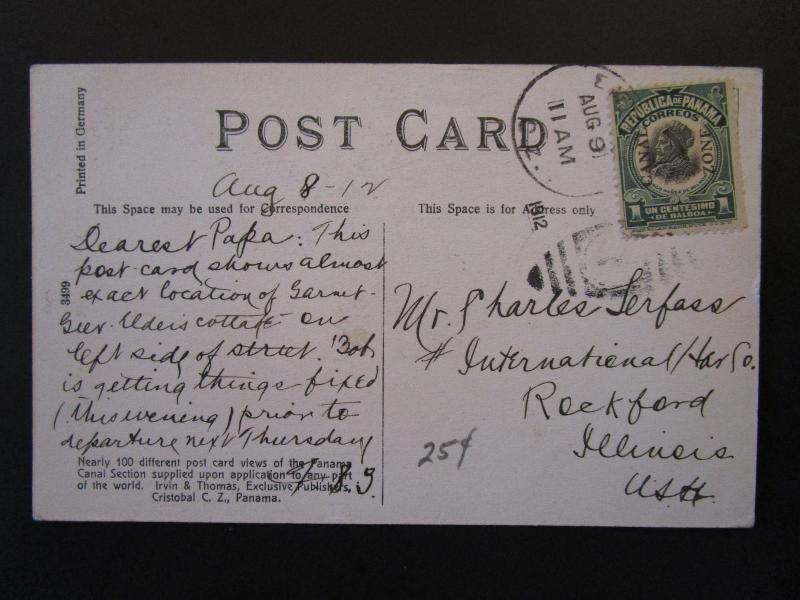 Canal Zone 1912 Postcard to USA - Z5356