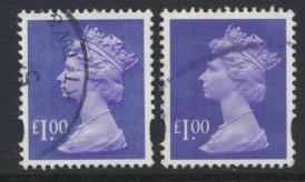 Great Britain SG Y1743 SC# MH279 Machin £1 Used x2  Bluish Violet see phosph...