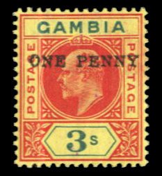 Gambia #66 Cat$60, 1906 1p on 3sh, lightly hinged, natural gum crease