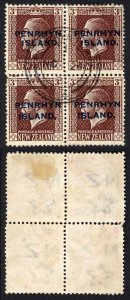 Penrhyn Island SG30/a 1 1/2d Slate top stamps NARROW SPACING Block of 4