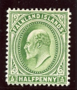 Falkland Islands 1908 KEVII ½d pale yellow-green MLH. SG 43b.