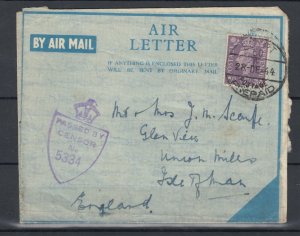 Egypt 1945 Censor Air Letter To Isle Of Man Postal History JK3472