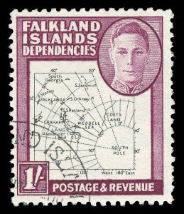 Falkland Is Dep 1946 KGVI 1s 'Thin Map' DOT IN T OF SOUTH var VFU. SG G16a.