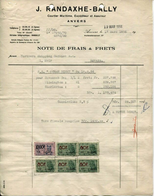 Belgium Revenue Stamps on Documents Shipping Transportation Fees Collection 1956