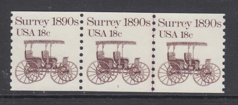 US Sc 1907 MNH. 1982 18c Surrey, Plate #1 Coil Strip of 3, fresh