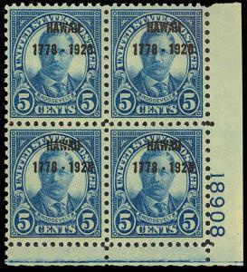 648 Plate Block of Four - 5¢ Hawaii Issue XF NH Cat $425.00 - Stuart Katz