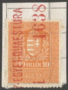 HUNGARY 1926 Barefoot # 413, 10f  Used Revenue stamp on piece