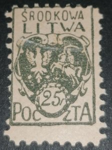 Central Lithuania 25f 1921 both side print error MNH