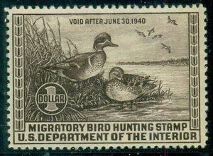 US #RW6, $1.00 Green-Winged Teal, og, LH, VF, Scott $115.00