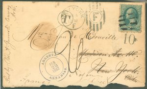 US  Argenta Arkansas 28 Feb 1882 to France via New York.  Underpaid Hence T in circle and 10 due.  Back stamped in New York and