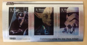 St. Vincent 1995 - Silver Star Wars, Yoda, Darth Vader - Sheet of 3 Stamps - MNH