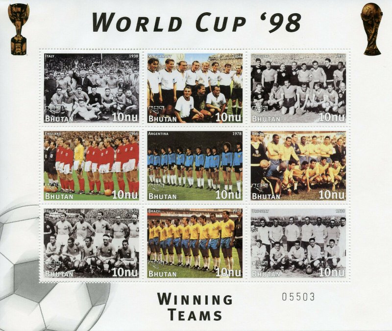 Bhutan 1997 MNH France 1998 World Cup Football England 9v M/S Sports Stamps