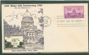 US 896 1940 3c Idaho - 50th anniversary of statehood on an unaddressed first day cover with a Crosby cachet.