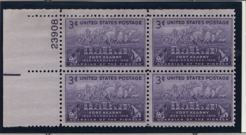 US, 970, MNH, PLATE BLOCK, 1948, FORT KEARNY