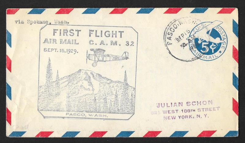 UNITED STATES First Flight Cover 1929 Pasco to Spokane