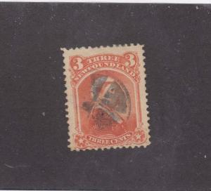 NEWFOUNDLAND # 33 FVF-3cts VERMILLION WITH FANCY CORK CAT VALUE $155