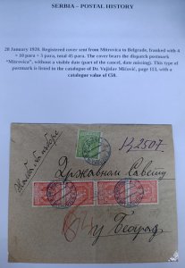 Serbia 1920, registered cover from Mitrovica to Belgrade, date in cancel missing