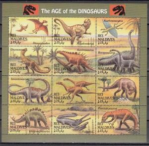 Maldives, Scott cat. 1969. Dinosaurs sheet of 12.