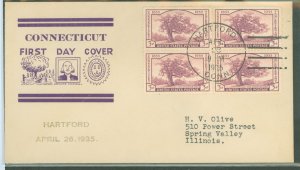 US 772 1935 3c Connecticut Tercentenial of Settlement (Charter Oak) block of four on an addressed FDC with a Roessler cachet