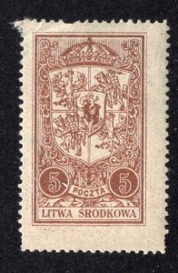 Central Lithuania 1921 5m red brown Coat of Arms, Scott 39 MH, value = 60c